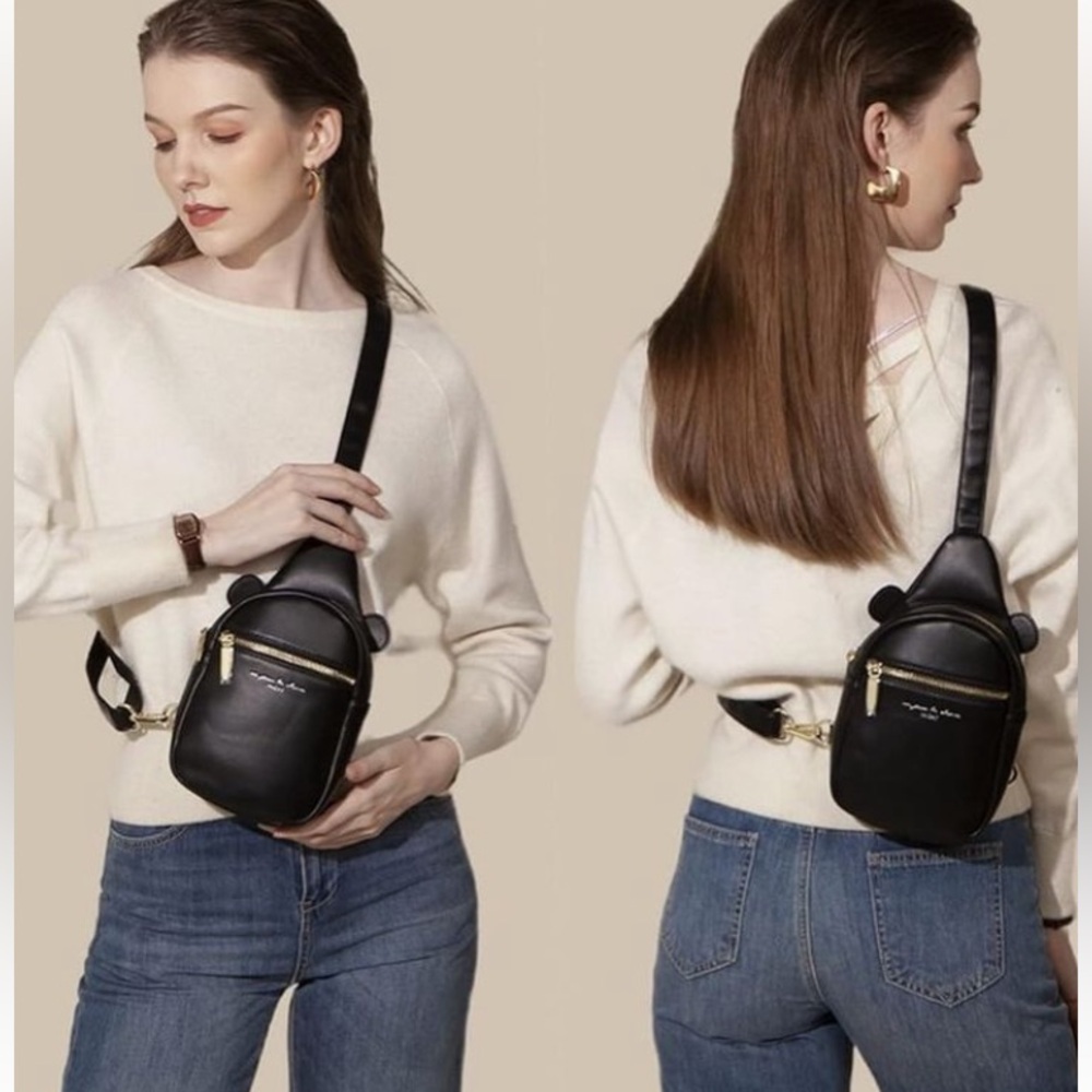 INICAT BLACK VEGAN LEATHER FANNY PACK SHOULDER SLING BAG
